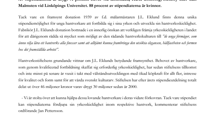 31 unga hantverkare från Stockholm får ta del av miljonbelopp i stipendier