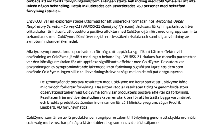 Signifikanta fördelar med ColdZyme i en stor tysk multicenterstudie för utvärdering av olika skalor för förkylningssymptom