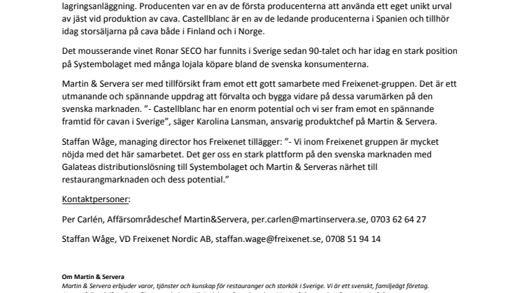 Nyhet: Martin & Servera i nytt samarbete med Freixenet-gruppen