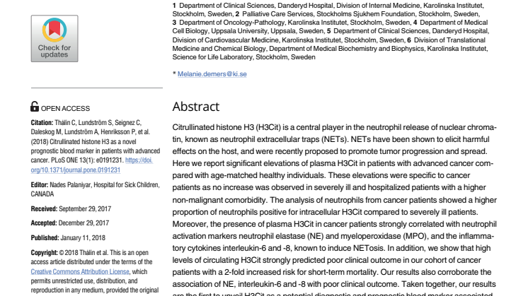 ”Citrullinated histone H3 as a novel prognostic blood marker in patients with advanced cancer.” 