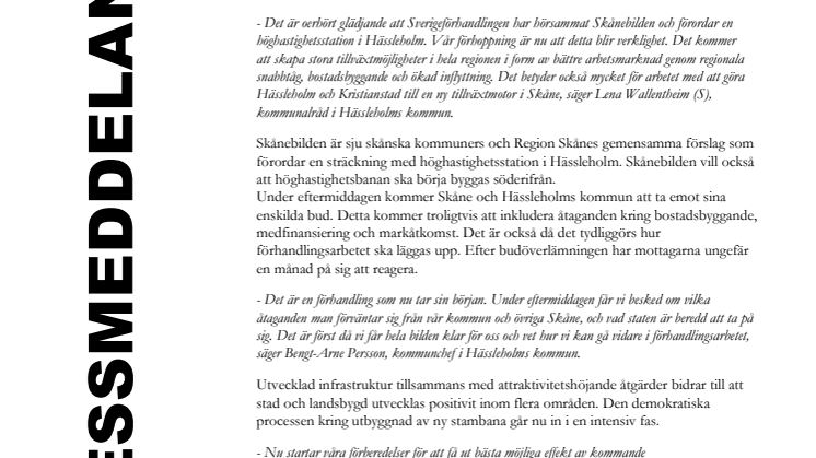 Sverigeförhandlingen förordar en höghastighetsstation i Hässleholm