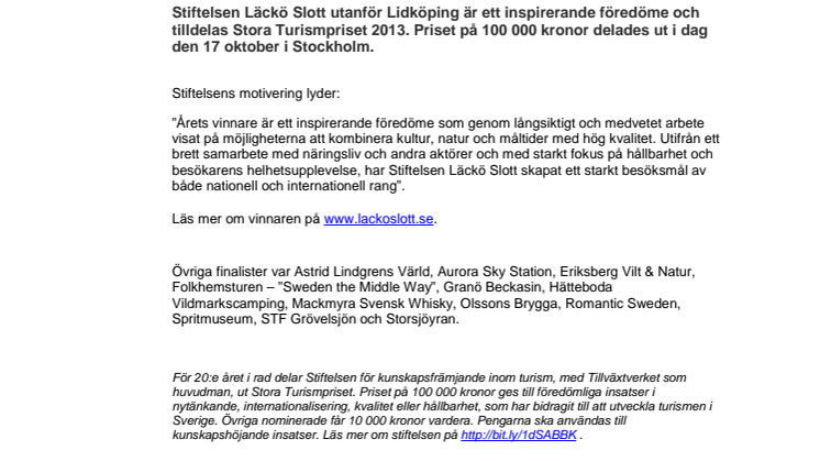 Medeltida slott vid Vänern får Stora Turismpriset 2013