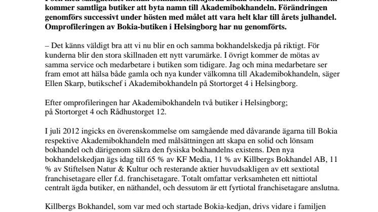 Bokia i Helsingborg blir Akademibokhandeln 