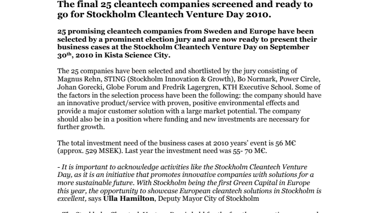 The final 25 cleantech companies screened and ready to go for Stockholm Cleantech Venture Day 2010