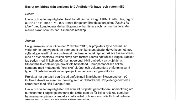 Beslut bidrag till Kimo Baltic Sea för "Fishing for Litter"