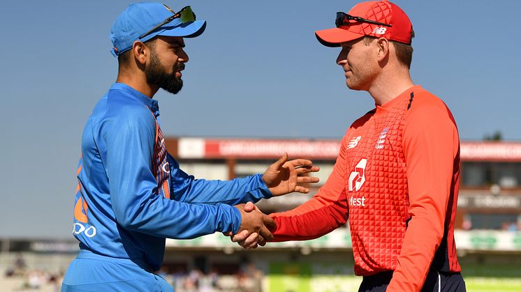 The captains meet ahead of the Vitality IT20 series. India's Virat Kholi (L) and England's Eoin Morgan.