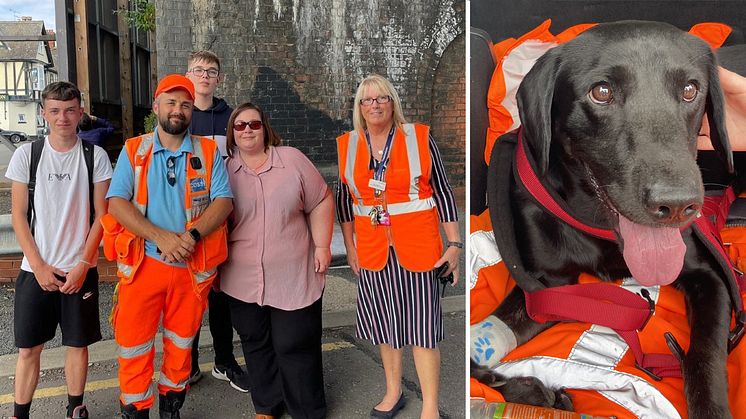 Golder retrievers: George's owner's mum, Tracy Wooding, and friends Kyle Odell (left) and Dan Narcks (middle) who helped spot George, pose in relief with Bernie Lee (far right) and Network Rail Mobile Operations Manager Terry Prestedge