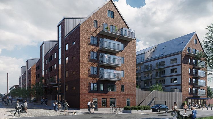 Lägenheterna i Kvarteret Väven fördelas i tre hus som med sin arkitektur knyter an till områdets vackra historiska industrimiljö. I entrévåningen i ett av husen planeras för en trivsam restaurang med utsikt mot Massetjärn. 