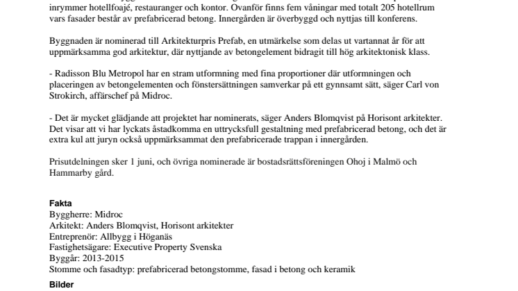 Radisson Blu Metropol i Helsingborg är nominerat till arkitekturpris