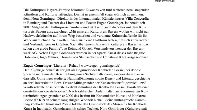 Kulturpreis Bayern 2015: Bayernwerk gibt Kunstpreisträger bekannt