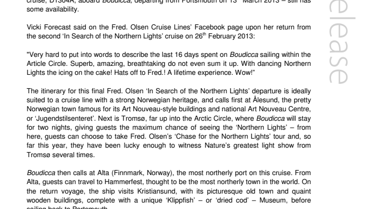 Last chance to chase the ‘Northern Lights’ with Fred. Olsen Cruise Lines!