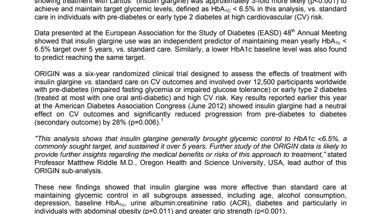 New data from ORIGIN Shows Lantus® use is about 3 times more likely to achieve and sustain target HbA1c vs. standard care over 5 years in the study population