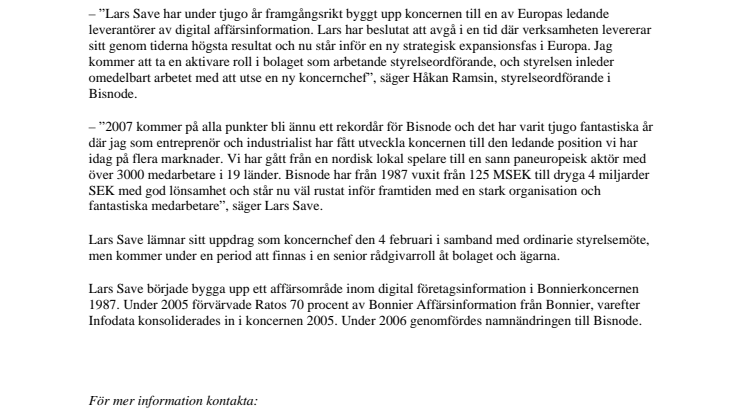 Lars Save avgår som VD för Bisnode
