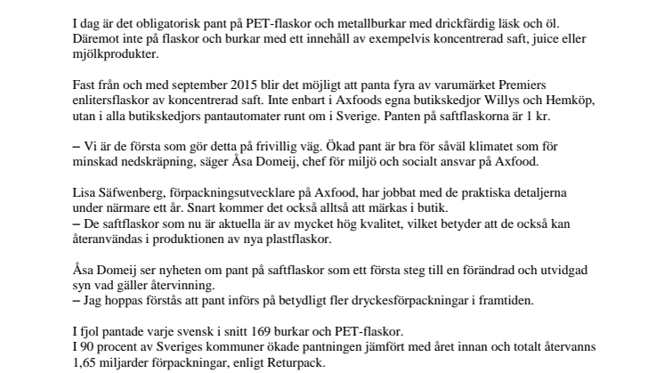 Axfood först med pant på saftflaskor