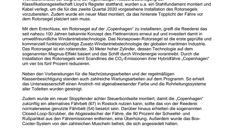 Scandlines Hybridfähre „Copenhagen“ bald mit Windantriebstechnologie unterwegs