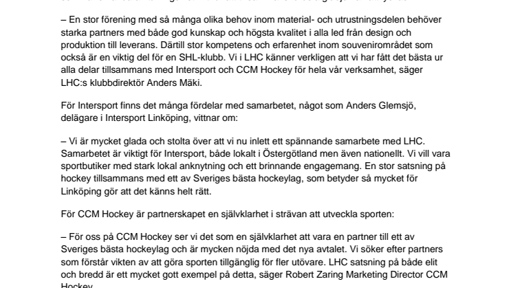 Nytt samarbete mellan LHC, Intersport och CCM Hockey