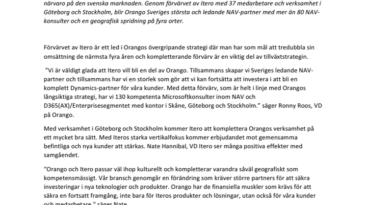 Orango förvärvar Itero och blir största Microsoft Dynamics NAV-partnern i Sverige