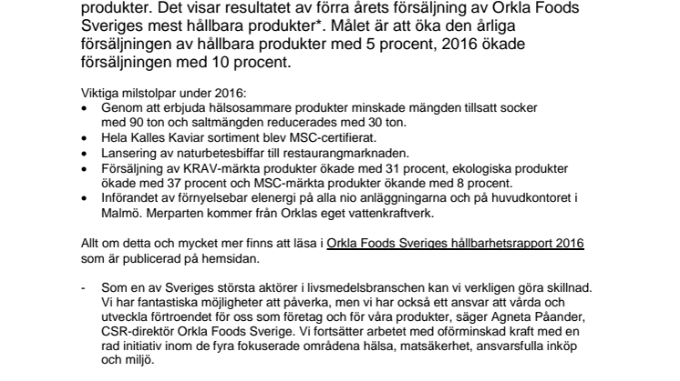 Orkla Foods Sverige hållbarhetsrapport 2016  - svenskarna väljer mer hållbara produkter