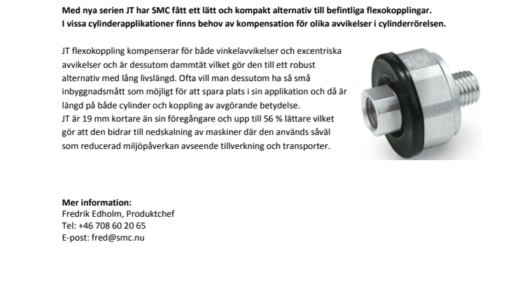 SMC utökar sortimentet av flexokopplingar med lättviktaren JT 