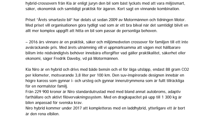 Kia Niro utsedd till "Årets smartaste bil"