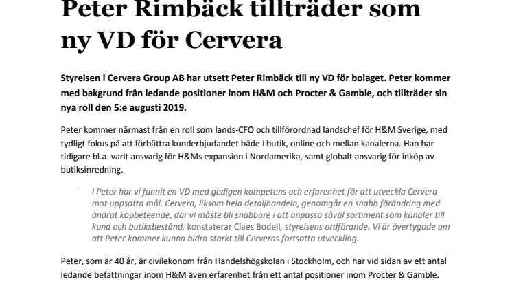 Peter Rimbäck tillträder som ny VD för Cervera