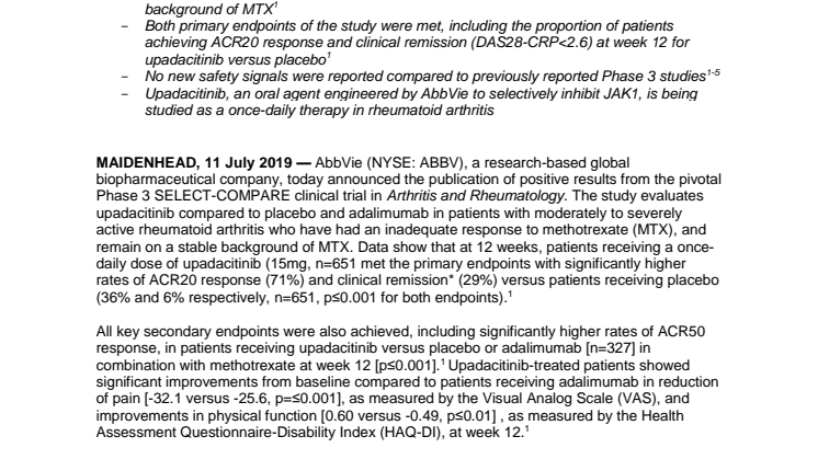 Results from Upadacitinib Phase 3 SELECT-COMPARE Study Published in Arthritis and Rheumatology 