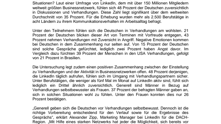 LinkedIn Studie: Deutsche gehen weltweit am zuversichtlichsten in Verhandlungen