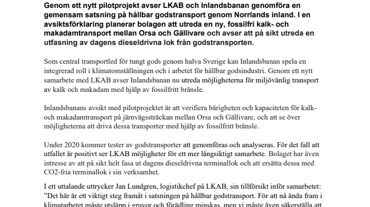 LKAB och Inlandsbanan i samarbete avseende hållbara godstransporter