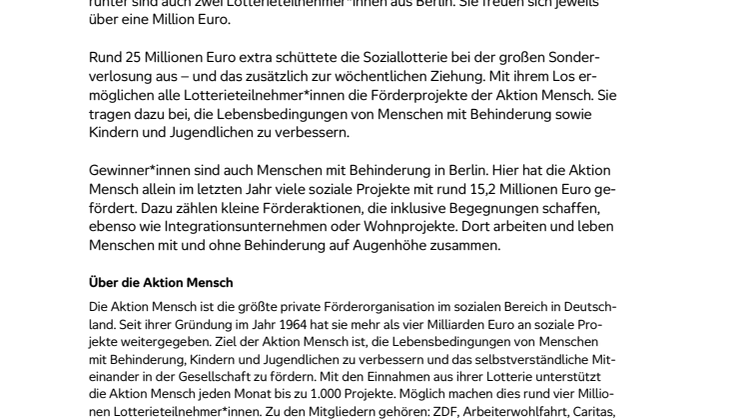 Berlin: Zwei Glückspilze gewinnen insgesamt 2 Million Euro bei der Frühjahrs-Sonderverlosung der Aktion Mensch