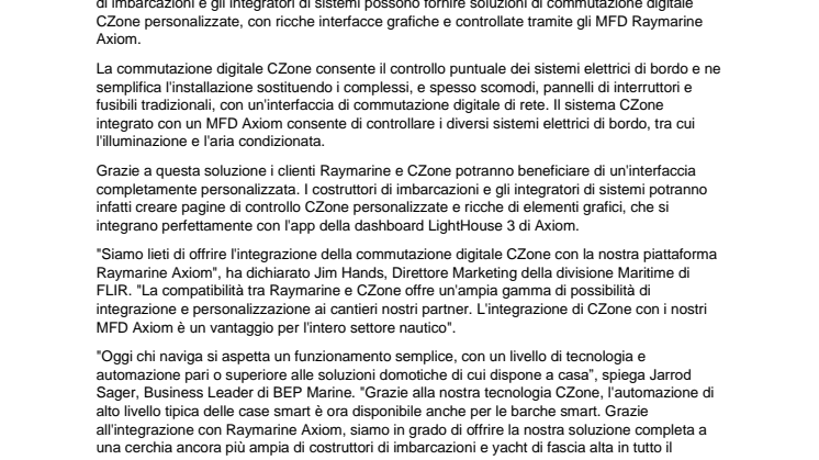 Raymarine e CZone collaborano per offrire soluzioni integrate di commutazione digitale