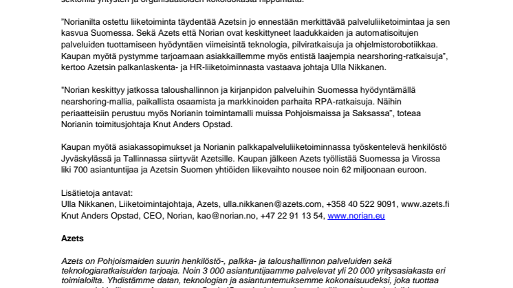 Azets ostaa Norianin palkkapalveluliiketoiminnan Suomessa