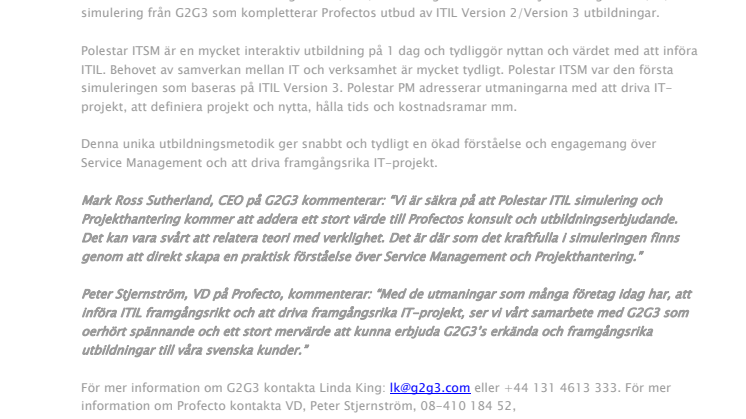 Simuleringsutbildningar ITIL V3 och Projekt från G2G3 och Profecto