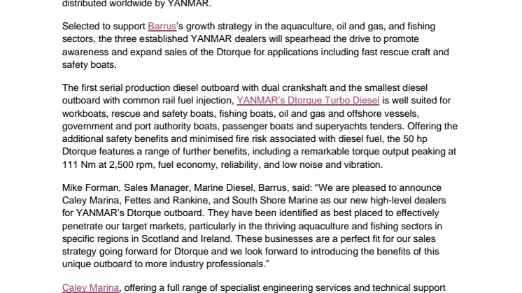 Barrus Appoints Three Dedicated Dealers for YANMAR Dtorque Outboard