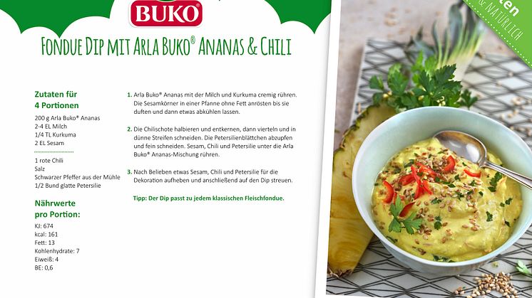 Rezeptkarte Fondue Dip mit Arla Buko® Ananas & Chili