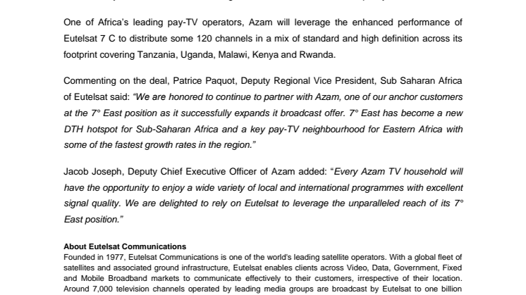 Azam TV migrates services to EUTELSAT 7C with multi-year contract extension and additional capacity   