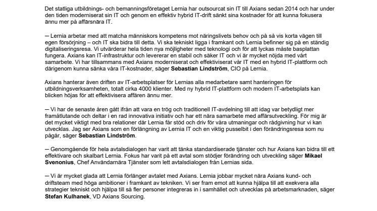 LERNIA SATSAR PÅ EFFEKTIV HYBRID IT OCH TECKNAR NYTT AVTAL MED AXIANS  