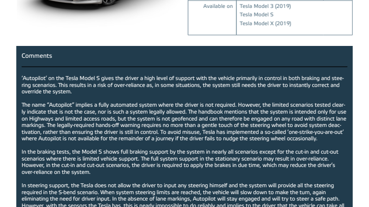 Automated Driving 2018 - Tesla Model S datasheet - October 2018