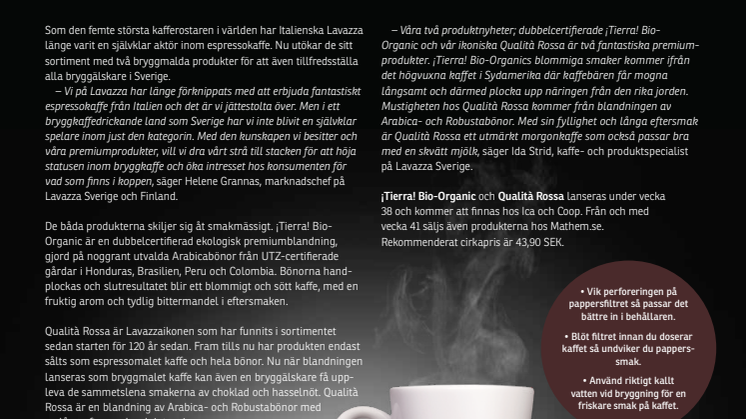 Lavazza lanserar bryggkaffe för  finsmakaren!