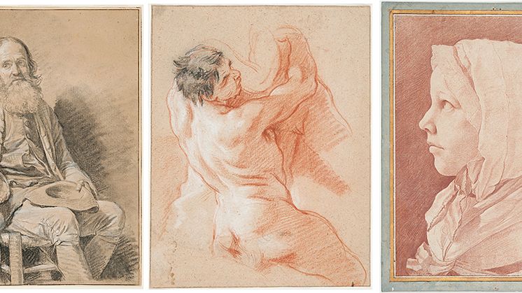 Nicolas Bernard Lépicié, Old Beggar, François Boucher, Study of a triton and Edme Bouchardon, Portrait of Geneviève-Thérèse Mariette.