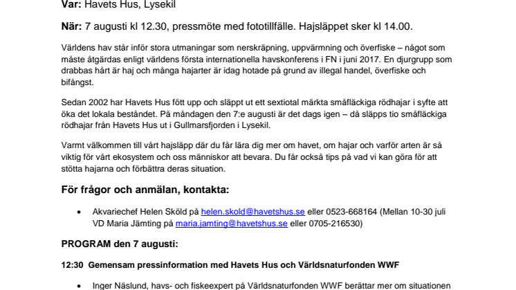 Pressinbjudan - Hajsläpp utanför Havets Hus i samarbete med Världsnaturfonden WWF den 7 augusti