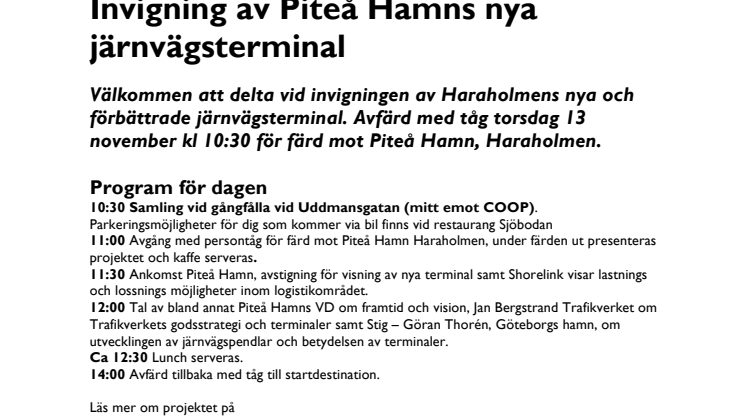 Pressinbjudan  Invigning av Piteå Hamns nya järnvägsterminal - en viktigt länk för regionen och Norrbotten