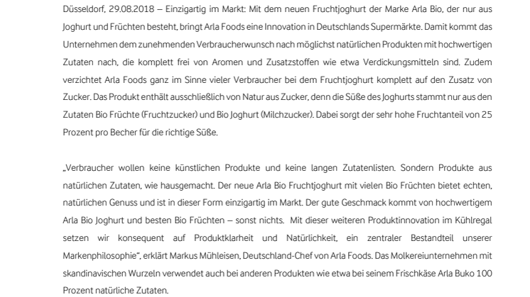 Pressetext: Fruchtjoghurt-Premiere: NUR Bio Joghurt und Bio Früchte. Sonst nichts.