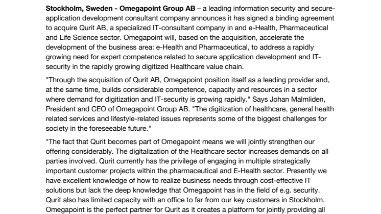 Omegapoint acquires one of Sweden's leading IT consulting companies within e-Health, Pharmaceutical and Life Science sector