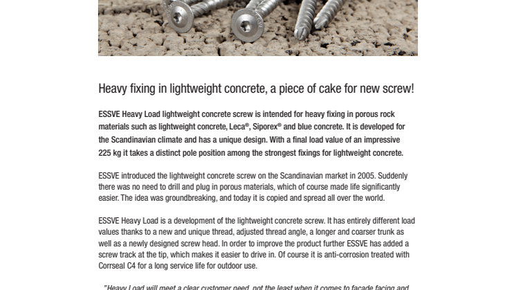 Heavy fixing in lightweight concrete, a piece of cake for new screw!
