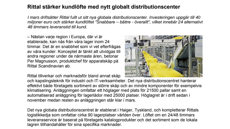 Rittal stärker kundlöfte med nytt globalt distributionscenter 