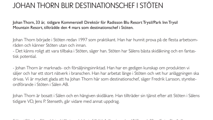 Johan Thorn blir destinationschef i Stöten