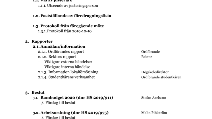 Föredragningslista för styrelsemöte, 19 december 2019