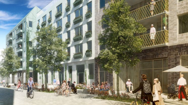 Södra Värtan, kvarter N1. Fasader mot lokalgata.