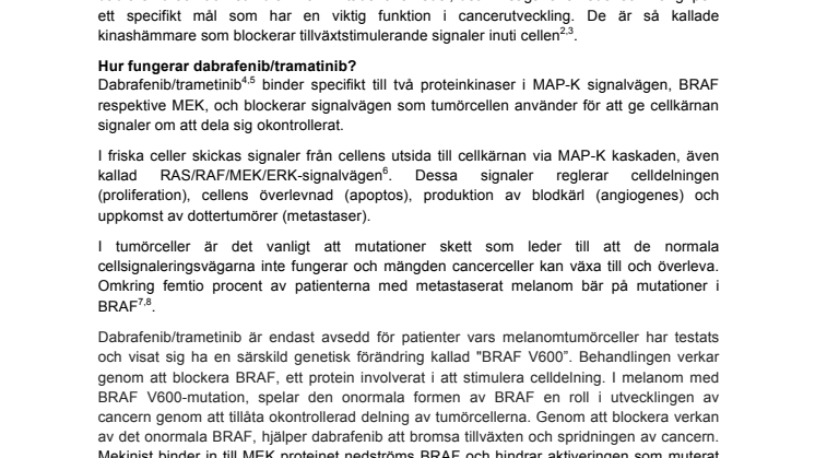 Fakta om kombinationsbehandlingen Tafinlar/Mekinist mot metastaserat BRAF-positivt melanom