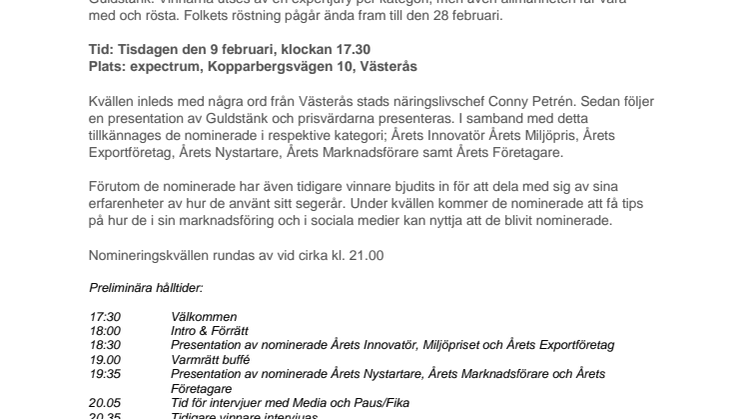 Västerås näringslivsgala Guldstänk – presentation av de nominerade